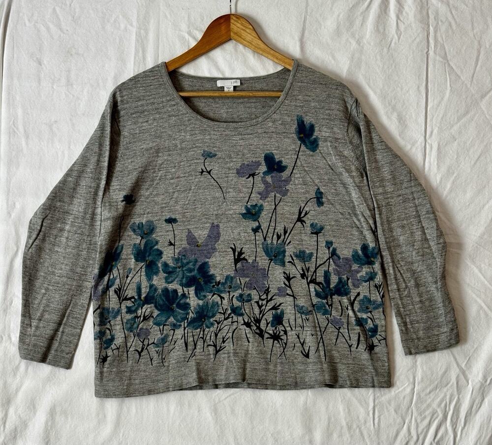 J Jill Womens Sweater Floral Knit Gray Feminine Cottagecore Soft Cozy M Petite